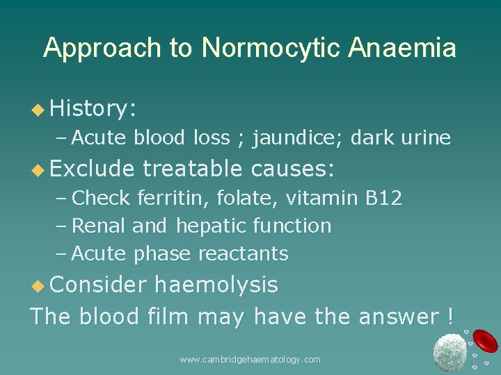 Approach to Normocytic Anaemia u History: – Acute blood loss ; jaundice; dark urine