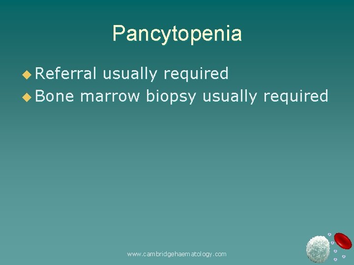 Pancytopenia u Referral usually required u Bone marrow biopsy usually required www. cambridgehaematology. com