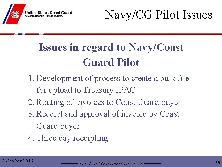 Navy/CG Pilot Issues in regard to Navy/Coast Guard Pilot 1. Development of process to