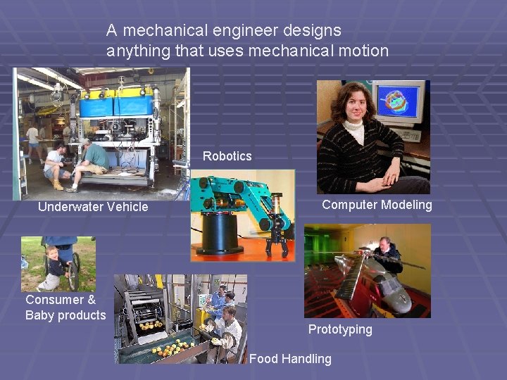 A mechanical engineer designs anything that uses mechanical motion Robotics Underwater Vehicle Computer Modeling