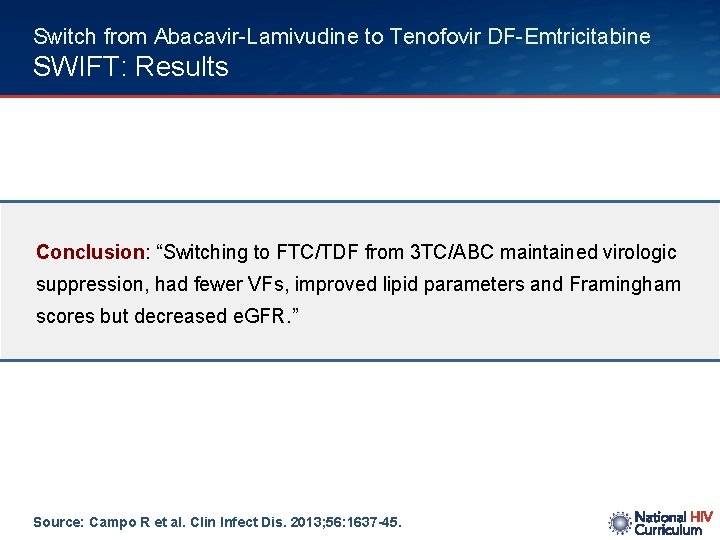 Switch from Abacavir-Lamivudine to Tenofovir DF-Emtricitabine SWIFT: Results Conclusion: “Switching to FTC/TDF from 3