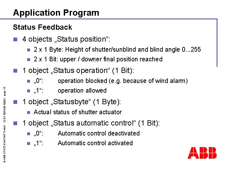 Application Program Status Feedback n © ABB STOTZ-KONTAKT Gmb. H - 2 CDC 506