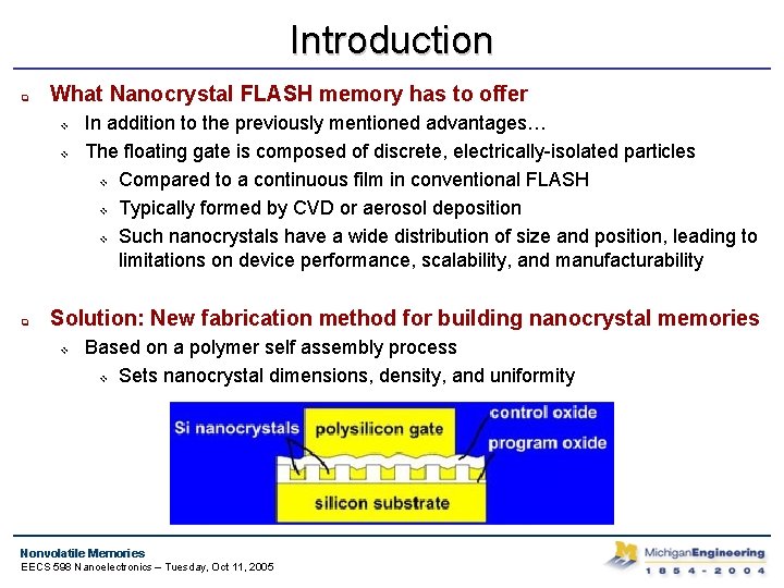 Introduction q What Nanocrystal FLASH memory has to offer v v q In addition