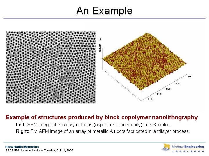 An Example of structures produced by block copolymer nanolithography Left: SEM image of an