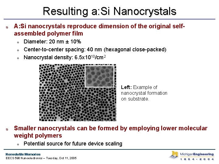 Resulting a: Si Nanocrystals q A: Si nanocrystals reproduce dimension of the original selfassembled