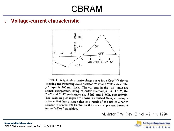 CBRAM q Voltage-current characteristic M. Jafar Phy. Rev. B vol. 49, 1994 Nonvolatile Memories