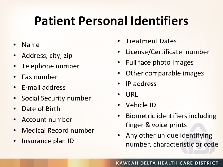 Patient Personal Identifiers • • • Name Address, city, zip Telephone number Fax number