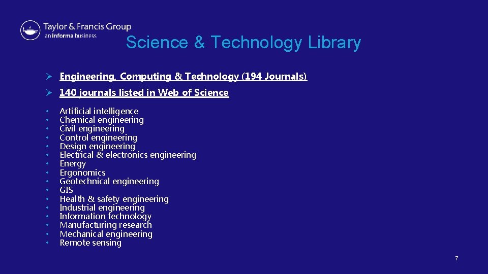 Science & Technology Library Ø Engineering, Computing & Technology (194 Journals) Ø 140 journals
