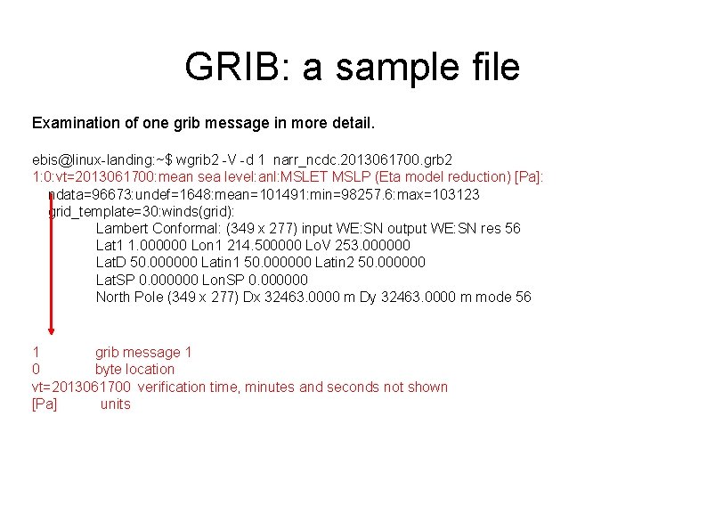 GRIB: a sample file Examination of one grib message in more detail. ebis@linux-landing: ~$