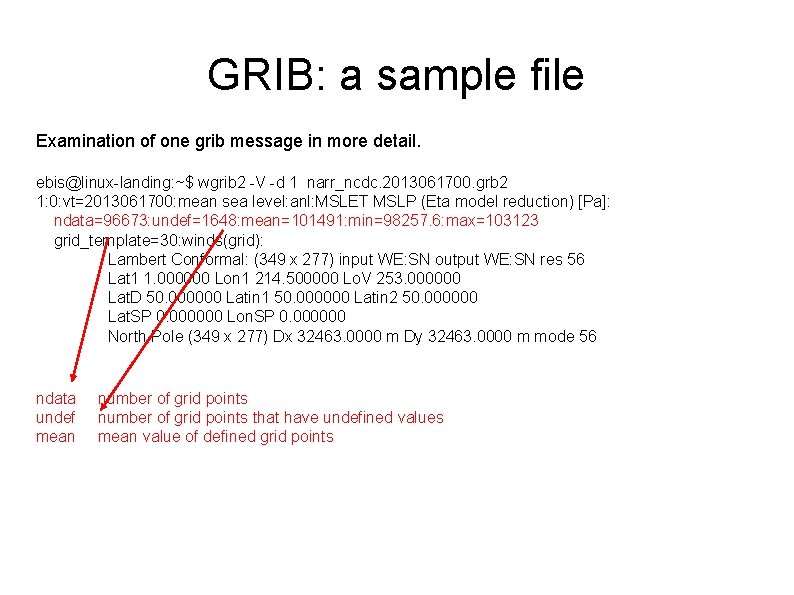 GRIB: a sample file Examination of one grib message in more detail. ebis@linux-landing: ~$