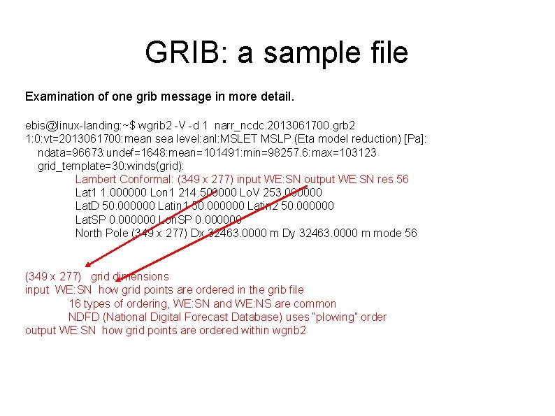 GRIB: a sample file Examination of one grib message in more detail. ebis@linux-landing: ~$