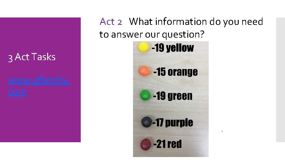 Act 2 What information do you need to answer our question? 3 Act Tasks