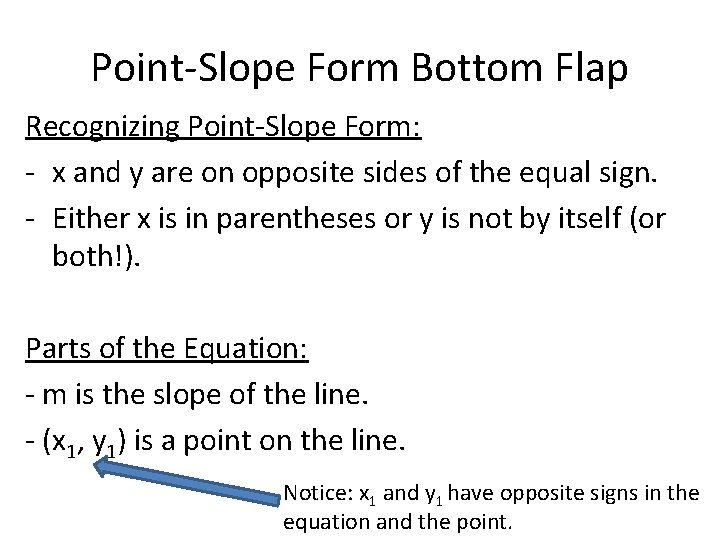 Point-Slope Form Bottom Flap Recognizing Point-Slope Form: - x and y are on opposite