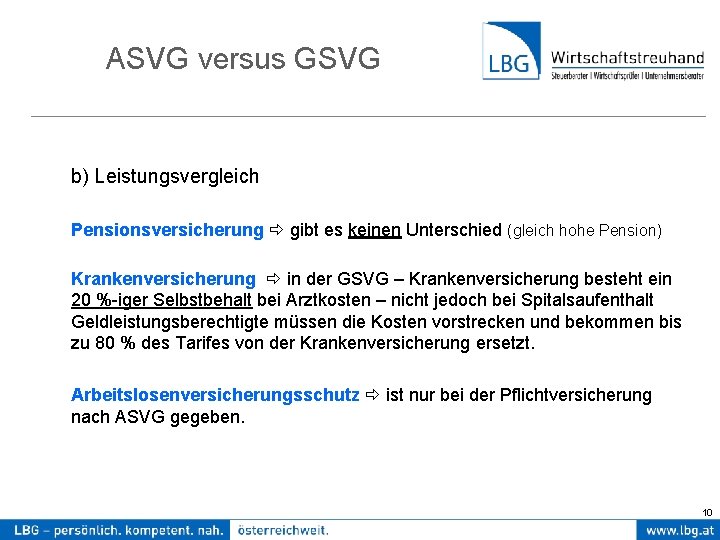 ASVG versus GSVG b) Leistungsvergleich Pensionsversicherung gibt es keinen Unterschied (gleich hohe Pension) Krankenversicherung