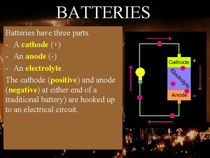 BATTERIES Batteries have three parts. - A cathode (+) - An anode (-) -