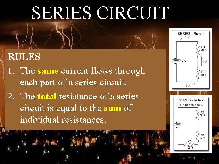 SERIES CIRCUIT RULES 1. The same current flows through each part of a series
