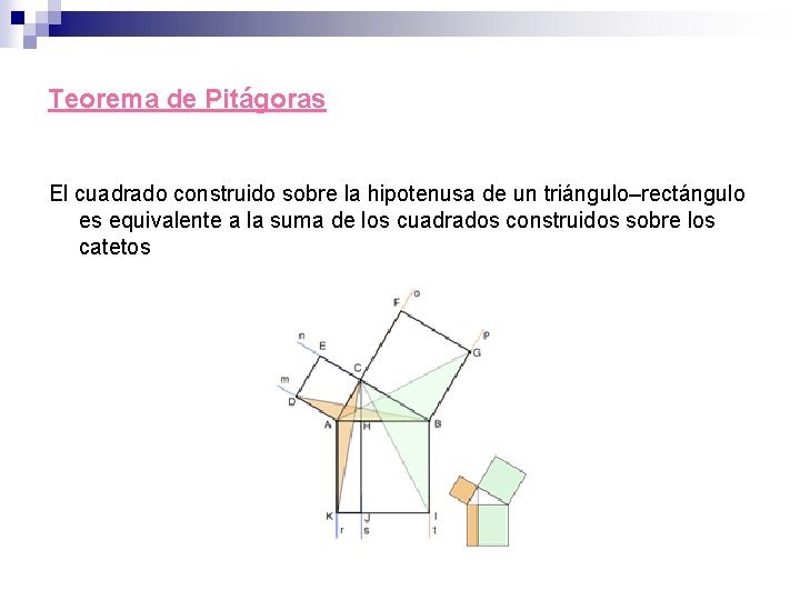 Teorema de Pitágoras El cuadrado construido sobre la hipotenusa de un triángulo–rectángulo es equivalente