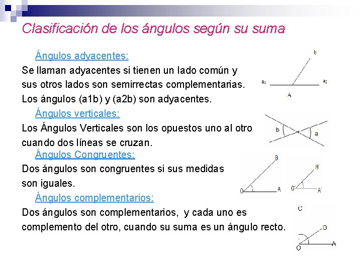 Clasificación de los ángulos según su suma Ángulos adyacentes: Se llaman adyacentes si tienen