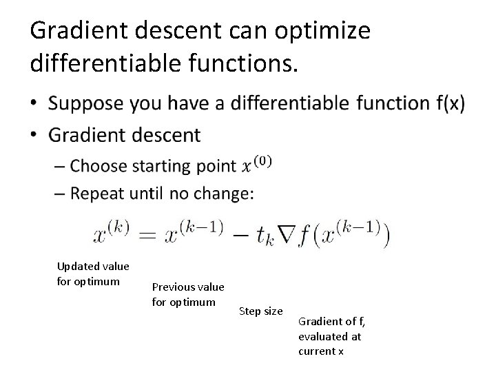 Gradient descent can optimize differentiable functions. • Updated value for optimum Previous value for