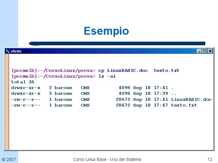 Esempio [pccmslb]: ~/Corso. Linux/prova> cp Linux. BASIC. doc testo. txt [pccmslb]: ~/Corso. Linux/prova> ls