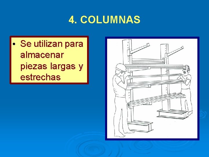 4. COLUMNAS • Se utilizan para almacenar piezas largas y estrechas 