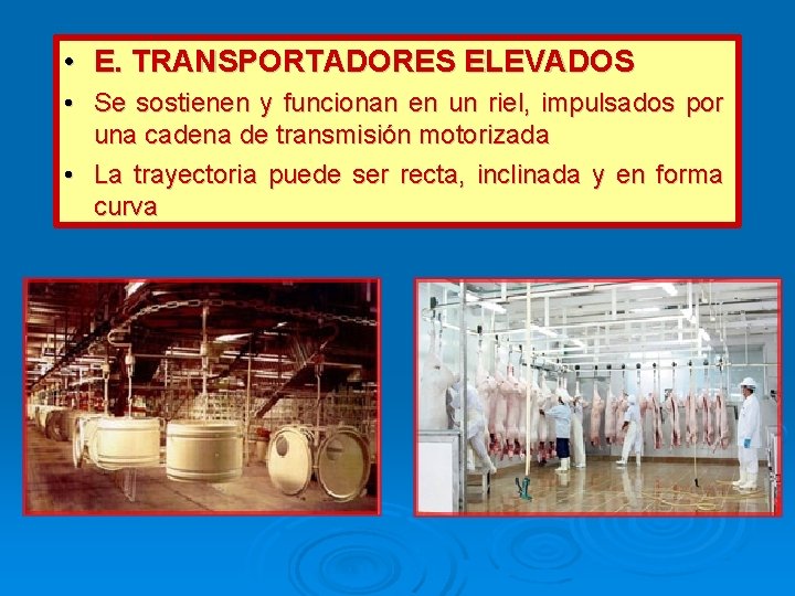  • E. TRANSPORTADORES ELEVADOS • Se sostienen y funcionan en un riel, impulsados