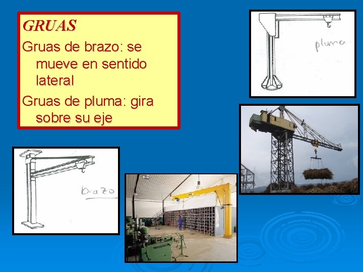 GRUAS Gruas de brazo: se mueve en sentido lateral Gruas de pluma: gira sobre