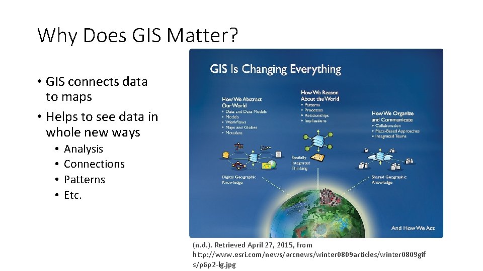 Why Does GIS Matter? • GIS connects data to maps • Helps to see