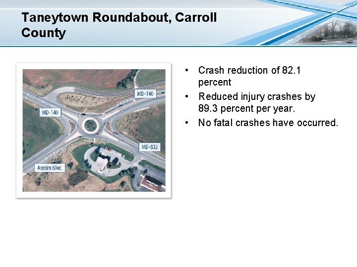 Taneytown Roundabout, Carroll County • Crash reduction of 82. 1 percent • Reduced injury