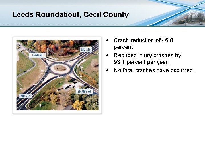 Leeds Roundabout, Cecil County • Crash reduction of 46. 8 percent • Reduced injury