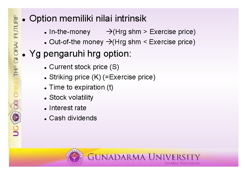  Option memiliki nilai intrinsik In-the-money (Hrg shm > Exercise price) Out-of-the money (Hrg