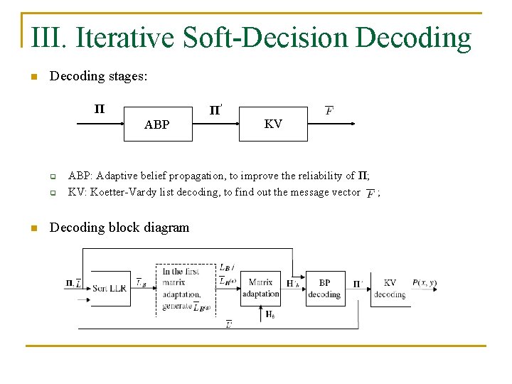 III. Iterative Soft-Decision Decoding stages: Π Π’ ABP q q n KV ABP: Adaptive