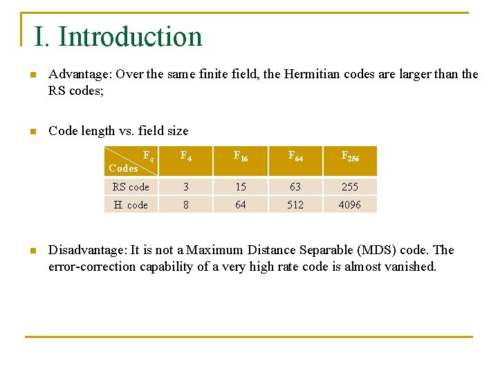 I. Introduction n Advantage: Over the same finite field, the Hermitian codes are larger