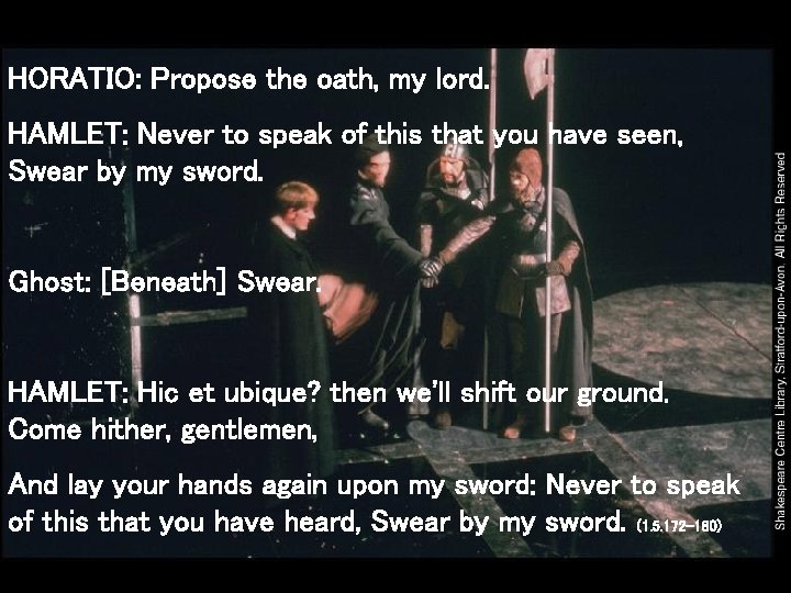 HORATIO: Propose the oath, my lord. HAMLET: Never to speak of this that you