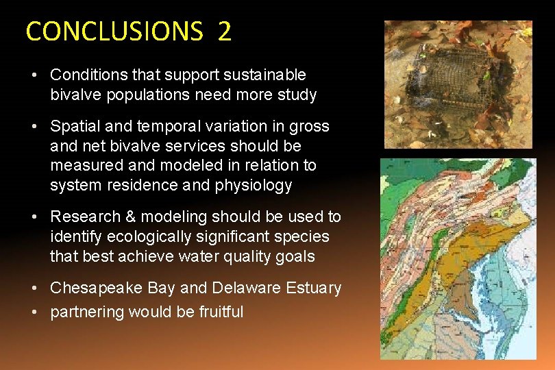 CONCLUSIONS 2 • Conditions that support sustainable bivalve populations need more study • Spatial