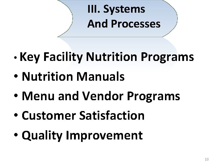 III. Systems And Processes • Key Facility Nutrition Programs • Nutrition Manuals • Menu