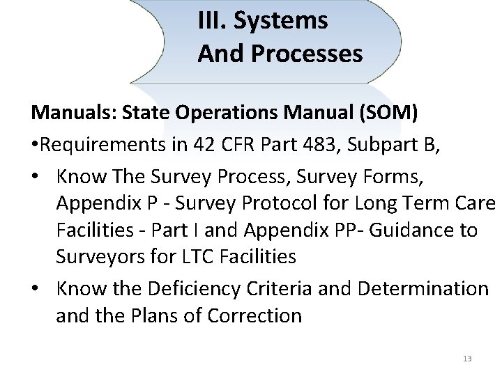 III. Systems And Processes Manuals: State Operations Manual (SOM) • Requirements in 42 CFR