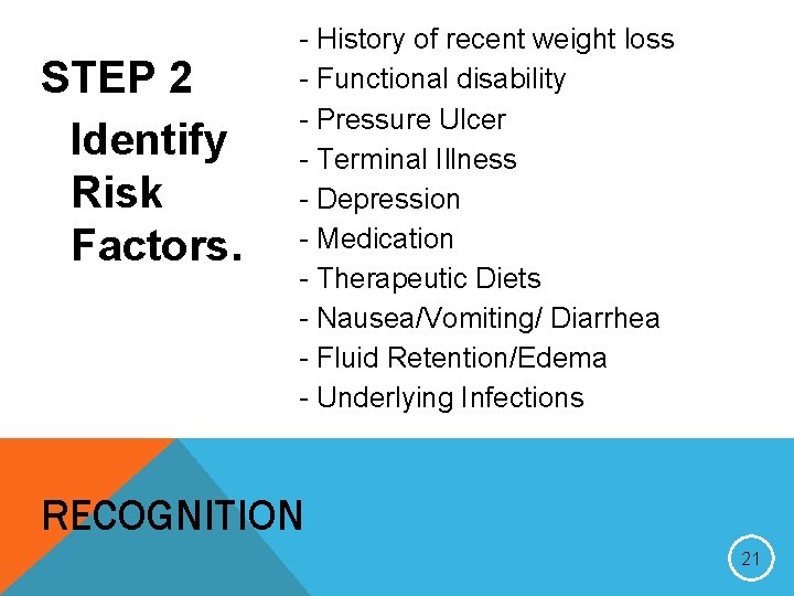 STEP 2 Identify Risk Factors. - History of recent weight loss - Functional disability