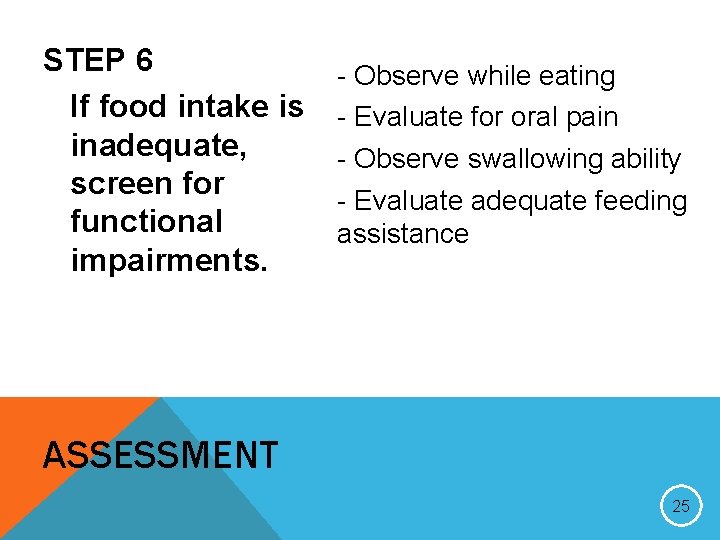 STEP 6 If food intake is inadequate, screen for functional impairments. - Observe while