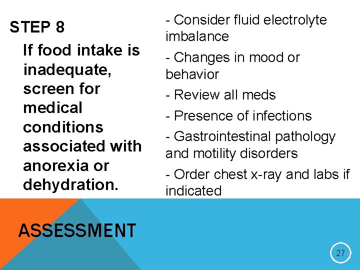 STEP 8 If food intake is inadequate, screen for medical conditions associated with anorexia