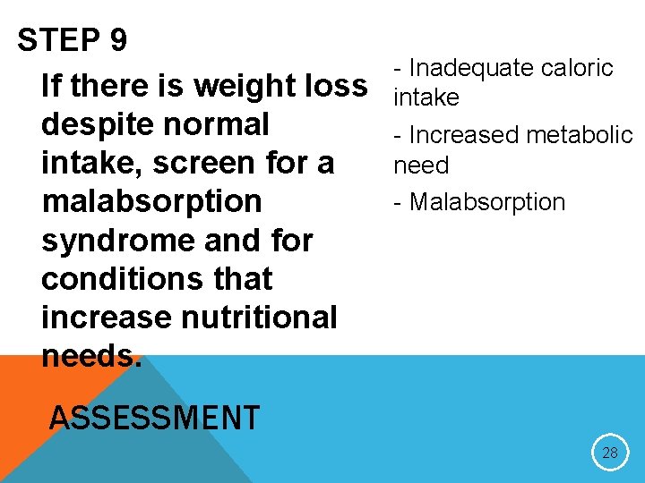 STEP 9 If there is weight loss despite normal intake, screen for a malabsorption