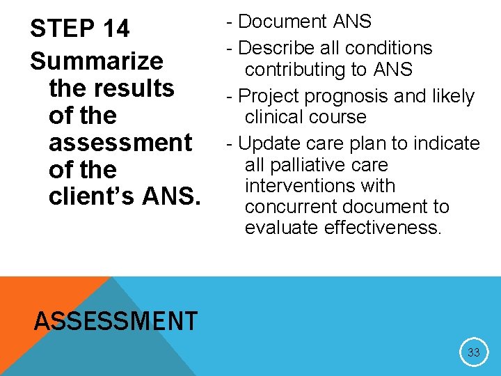 STEP 14 Summarize the results of the assessment of the client’s ANS. - Document