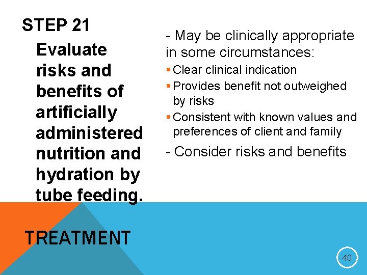 STEP 21 Evaluate risks and benefits of artificially administered nutrition and hydration by tube