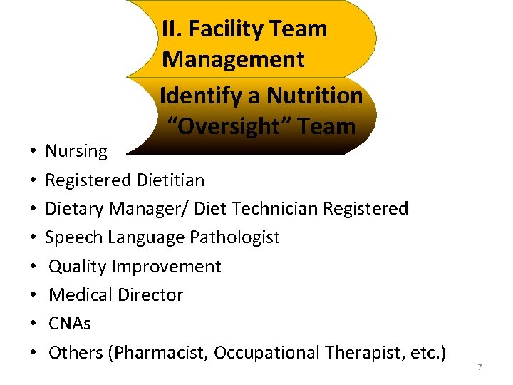  • • II. Facility Team Management Identify a Nutrition “Oversight” Team Nursing Registered