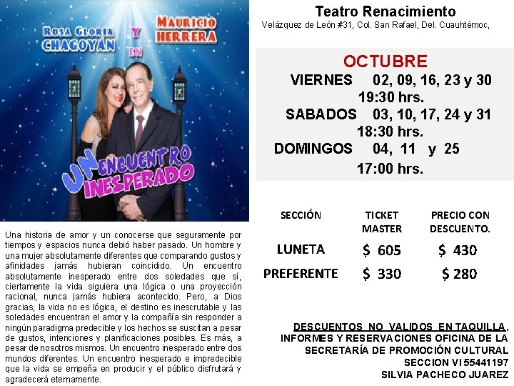 Teatro Renacimiento Velázquez de León #31, Col. San Rafael, Del. Cuauhtémoc, OCTUBRE VIERNES 02,