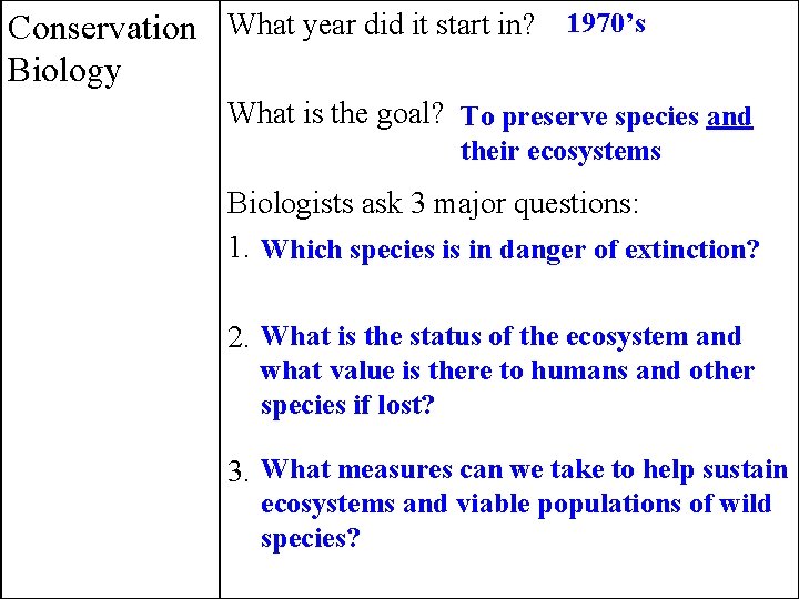 Conservation What year did it start in? 1970’s Biology What is the goal? To