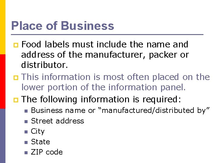 Place of Business Food labels must include the name and address of the manufacturer,