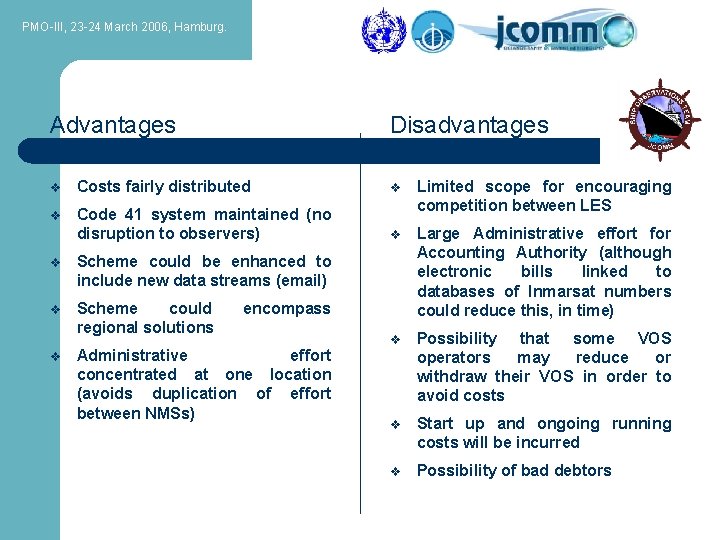 PMO-III, 23 -24 March 2006, Hamburg. Advantages Disadvantages v Costs fairly distributed v v