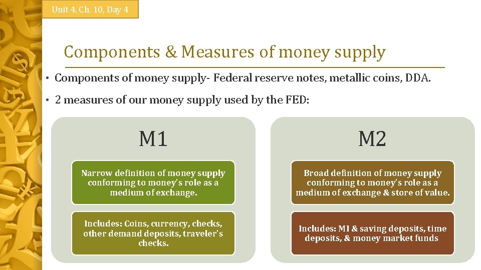 Unit 4, Ch. 10, Day 4 Components & Measures of money supply • Components