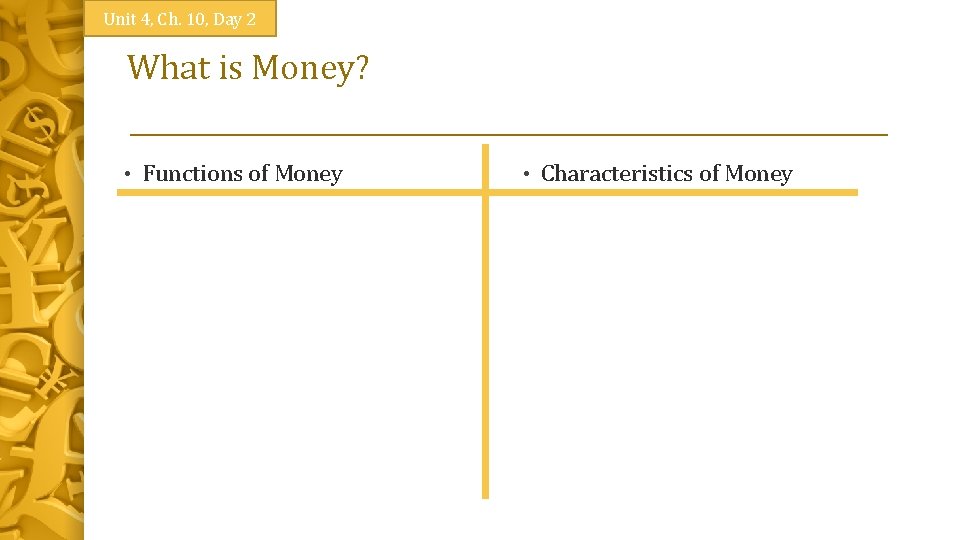 Unit 4, Ch. 10, Day 2 What is Money? • Functions of Money •
